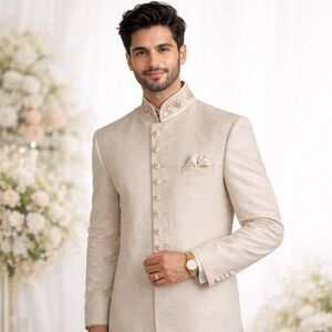 Men’s Royal Raw Silk Sherwani Ornate Jacket With ornate Embellishing Size Large